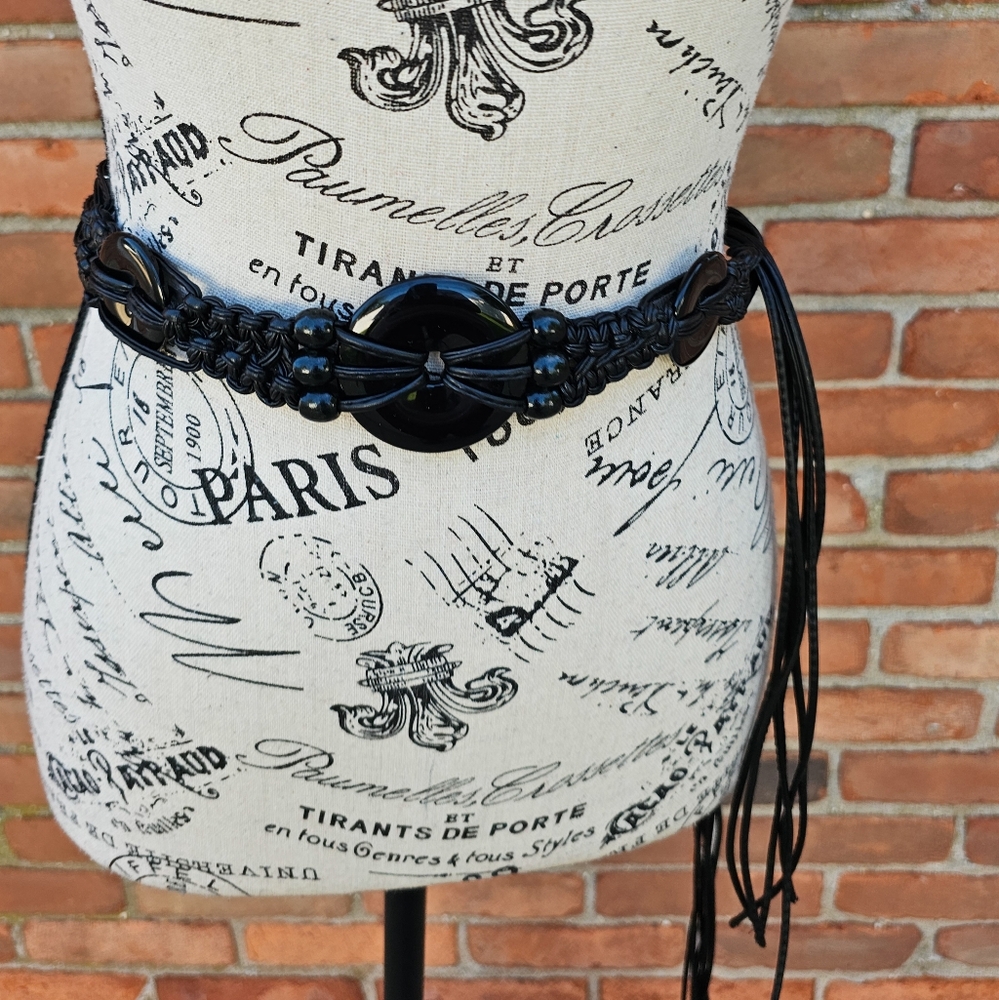 Boho Faux Leather Macramé Tassel Statement Belt – Black Adjustable S–XL – 69"